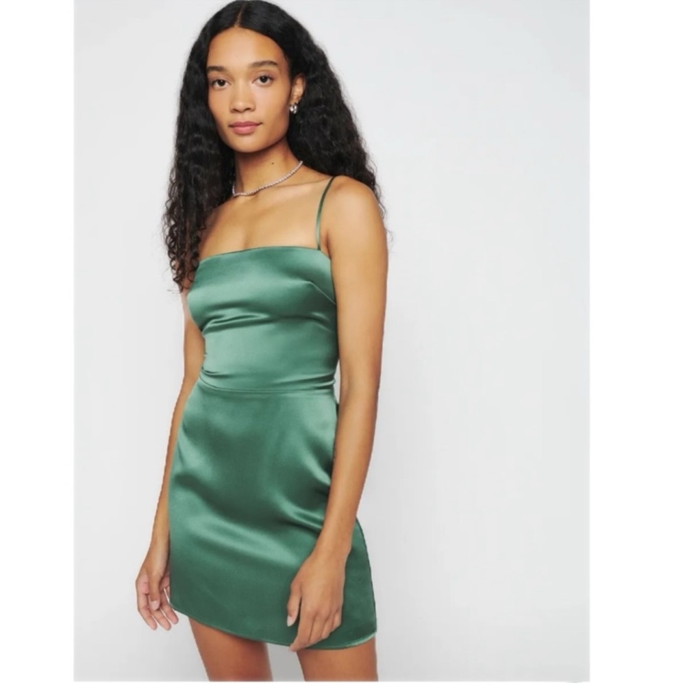 Reformation Kosta Silk Mini Dress Bottle Green Size 4 - Picture 15 of 16